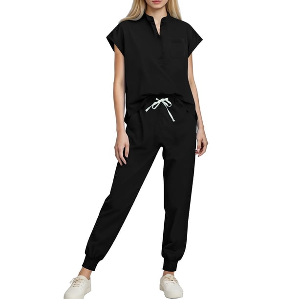 TaTaai Women V-Neck Short Sleeve Scrub Set Solid Color with Pockets Nursing Uniform Top & Bottoms Ladies Medical Clinic Daily Work Wear Soft Breathable No Fading Comfortable Outfit Gift