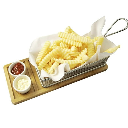 Yukon Glory YG-605 Magnificent Chip & Dip Serving Basket Bamboo Board and Sauce Cup Set for French Fries Fried Fish and (Best Sauce For French Fries)