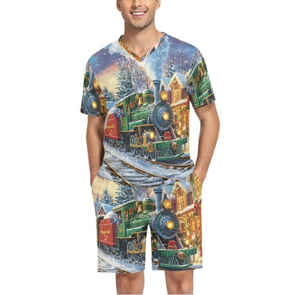 joogoo Men's Pajama Set Train in Winter Christmas V-Neck Pj Shorts Set 2 Piece Loungewear Sleepwear L