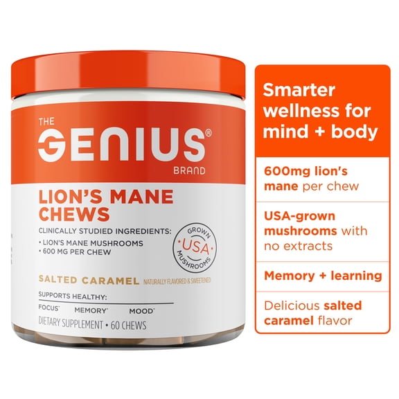The Genius Brand Genius Lion's Mane Chews - Plant-Based Supplement for Memory, Focus & Mood Support - Organic & Non-GMO - Salted Caramel - 60 Chews