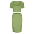 thumbnail image 6 of KIHOUT Women 2 Piece Summer Ribbed Outfit Square Neck Short Sleeve Cropped Top High Waist Slit Midi Bodycon Skirt Casual Matching Set For Club Party Dating, 6 of 8