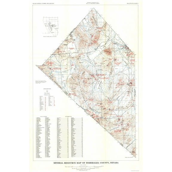 Historic Mine Map - Nevada Esmeralda County Minerals Mines - USGS 1945 - 23 x 34.77 - Vintage Wall Art