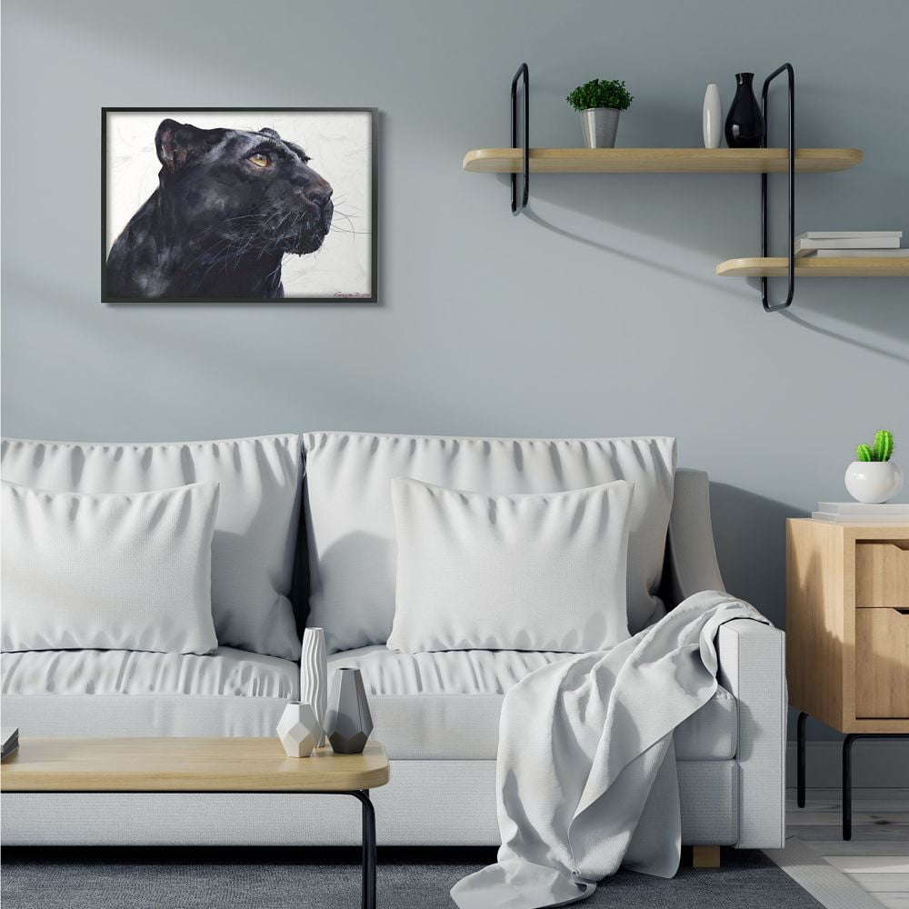 Stupell Industries Black Panther Large Cat Animal Watercolor Painting Framed Giclee Texturized Art by George Dyachenko