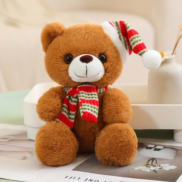 Adornos navideños, adornos navideños, regalos navideños, bufanda de regalo de Navidad, lindo oso de peluche, gorro navideño, oso de peluche, muñeco de tela, oso de peluche verde doble