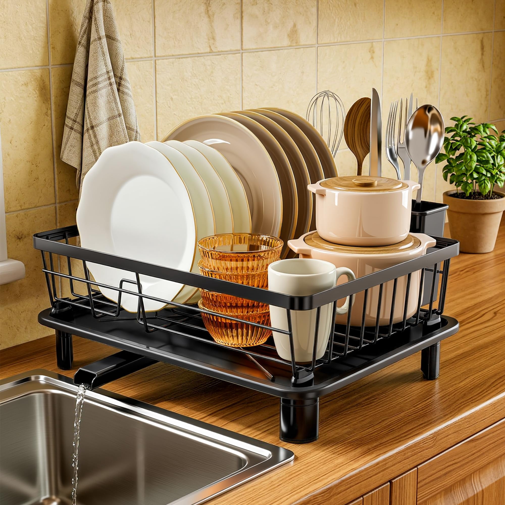 Dish Drying Rack  Stainless Steel Racks For Kitchen Counter Drainer With Removable Utensil Holder Drainboard (black 11''w X 15''l)