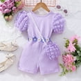 thumbnail image 3 of GYRATEDREAM Toddler Baby Girl Romper Jumpsuit Kids Crewneck Short Puff Sleeve Cross Back Pit Strip Onesie with Bag Spring Summer Outfit Clothes for 2-7Y Purple, 3 of 8