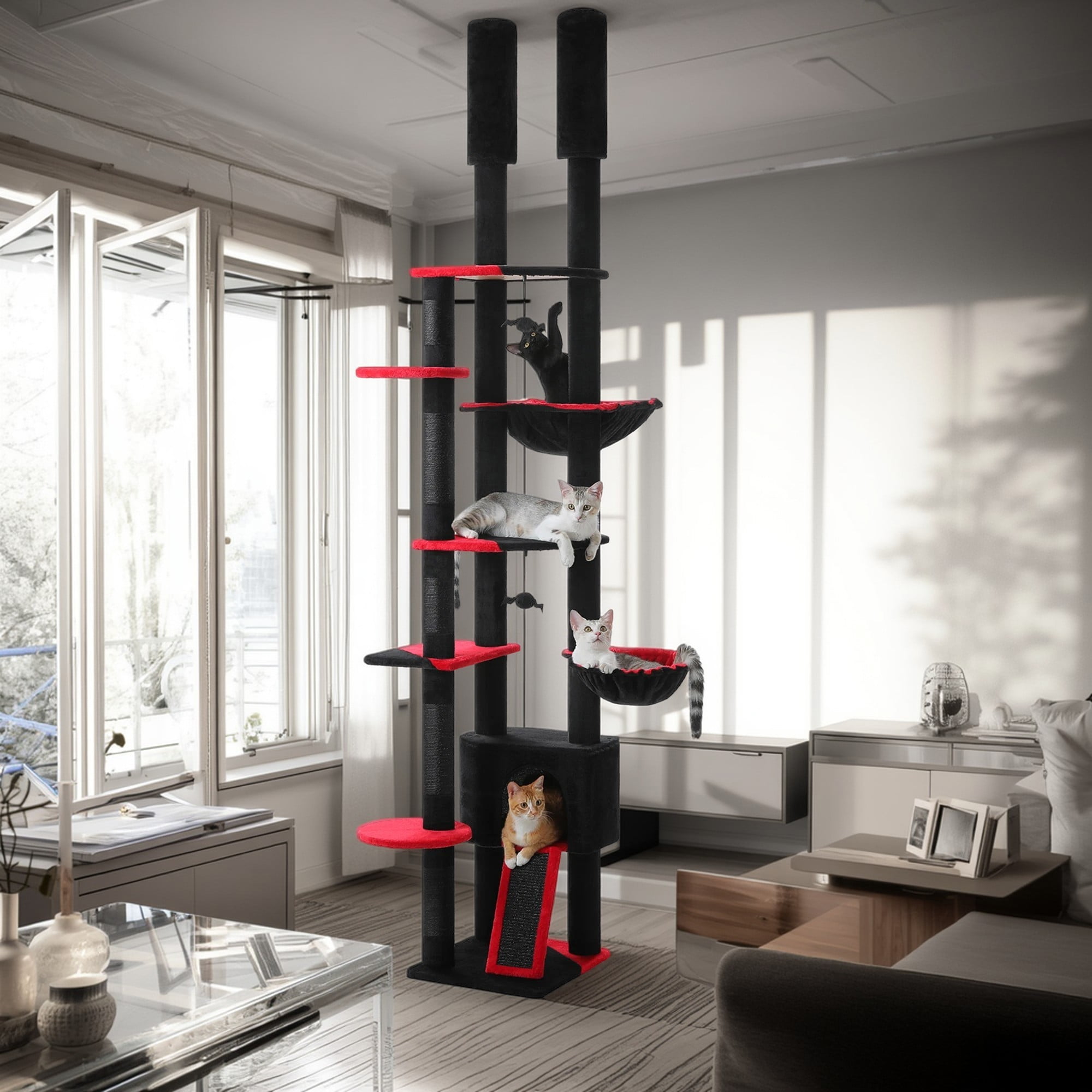 Kadyn Floor to Ceiling Cat Tree Tower Ajustable Height (90.5''~100.4'') 6 Tiers Cactus Cat Tree House with Cat Condo Hammock and Sisal Covered Post for Indoor Cats, Black