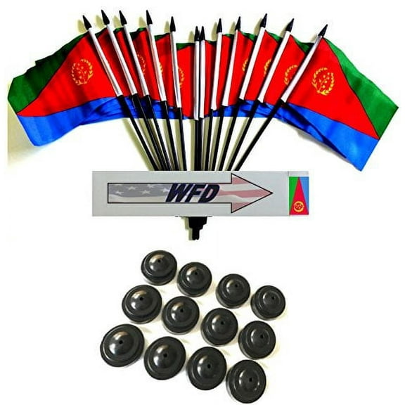 Pack of 12 4"x6" Eritrea Polyester Miniature Office Desk & Little Table Flags, 1 Dozen 4"x 6" Eritrean Small Mini Handheld Waving Stick Flags with 12 Flag Bases (Flags with Stands)