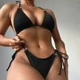 thumbnail image 4 of Neinkie Halter Adjustable Lace-up Ribbed Sexy Bikini Solid Color Bra High Waist Thong Swimwear for Swimming Pool, 4 of 7