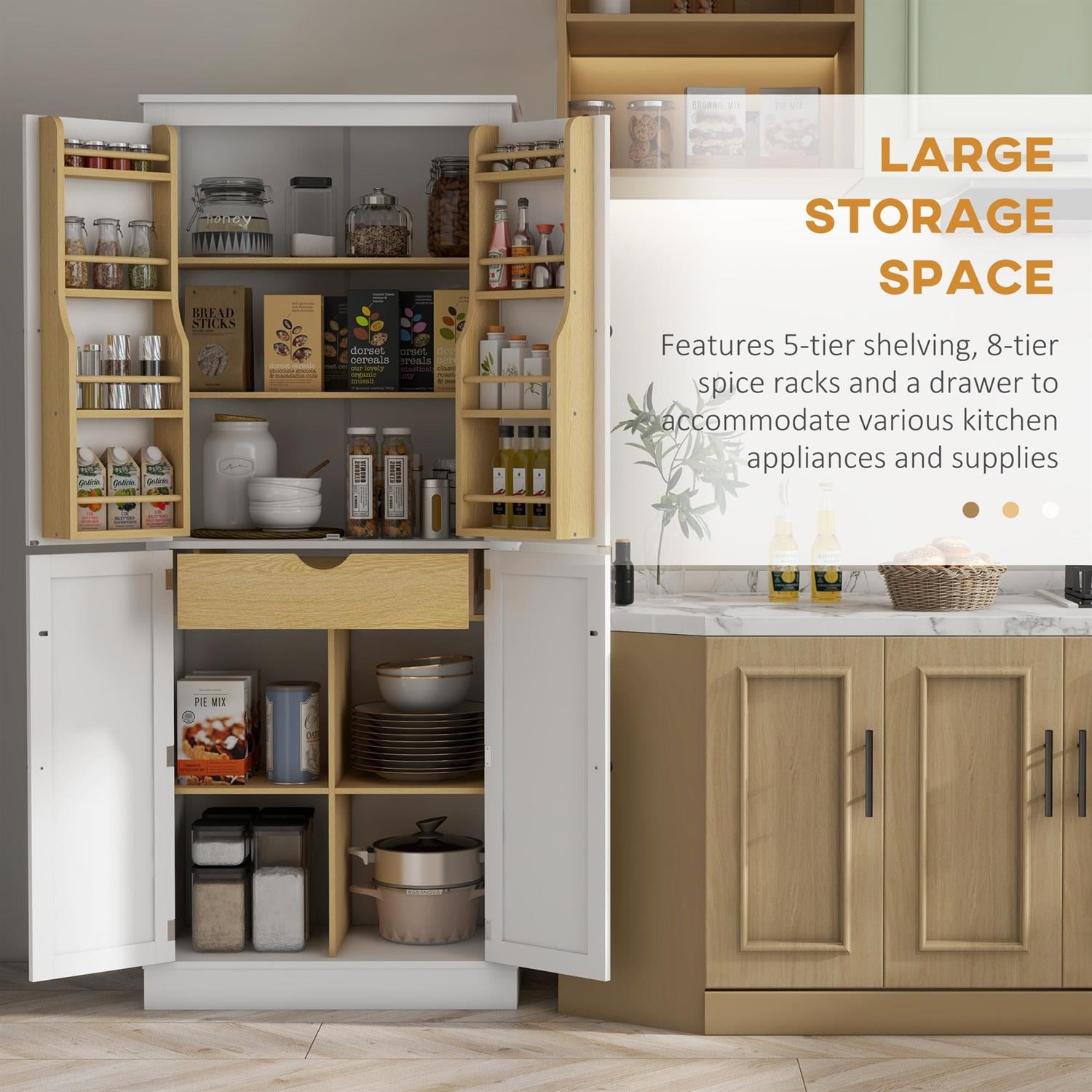 Demi Bonn 72" Tall Kitchen Storage Cabinet with 5 Shelves & 8 Spice Racks for Organizing Pantry, Modern Design for Home Storage, White