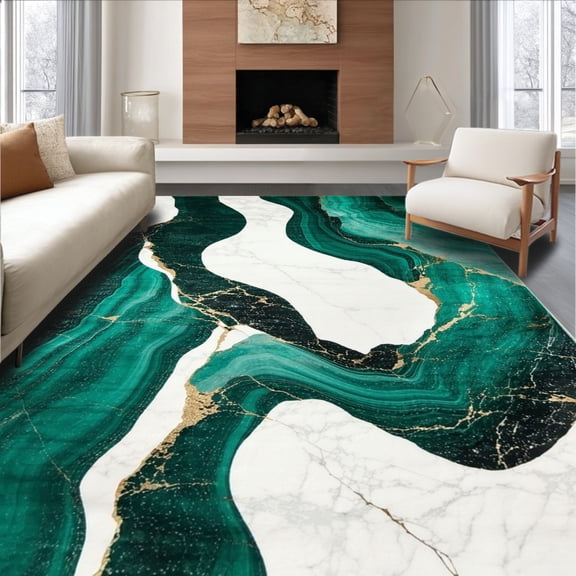 Flatwoven High Traffic Area Rug, Emerald Swirls & Black Veins Abstract Marble Rug Modern Home Art, Non Slip, Stain Resistant, Washable Area Rugs for Living Room, Bedroom(Green, 4X6)