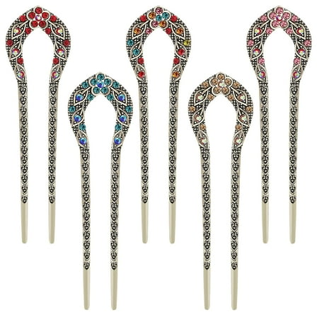 5 Pieces Shaped Hair Pins, Metal Vintage Hair Sticks French Hair Pin Hair Fork Crystal Rhinestone Hairpin for Long Hair Elegant Chignon Pins Hair Styling Accessories for Women Girls