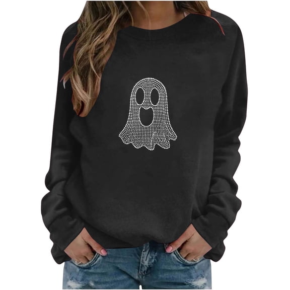 SETOOFF Halloween Ghost Rhinestone Crew Neck Pullover Sweatshirt for Women, Loose Fit Long Sleeve Shirts Lightweight Tunic Blouses Holiday Costume Tops for Daily Casual Work Fashion