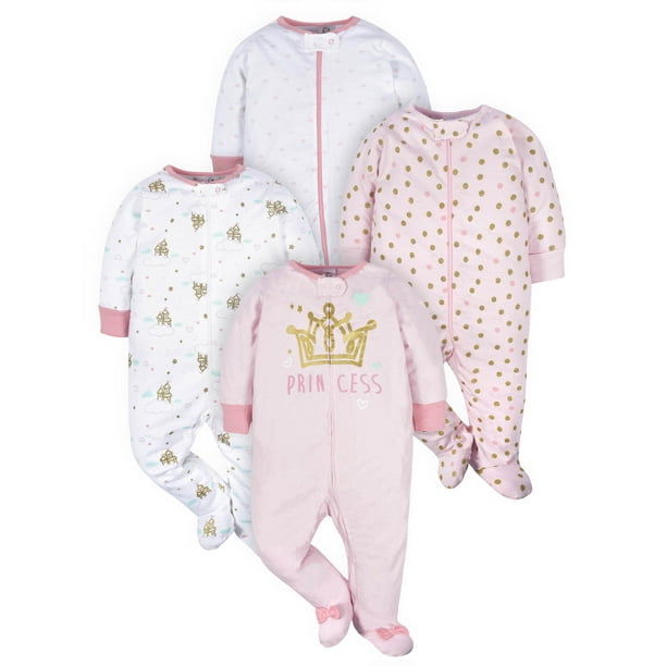 Gerber Baby Girl Sleep 'N Play Footed Pajamas, 4Pack
