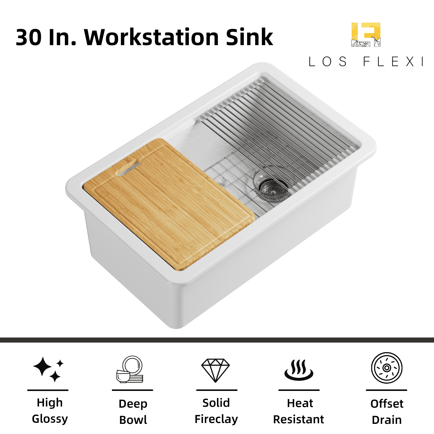 Los Flexi 30” × 19” White Kitchen Sink Fireclay Workstation Offset Drain Dual Mount Installation Deep Single Bowl Drying Rack Cutting Board Included