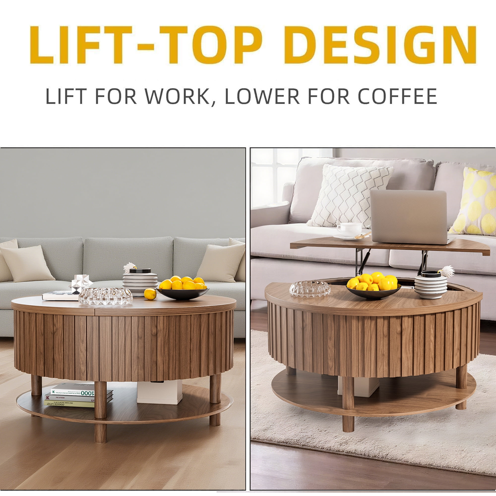Round Lift Top Coffee Table with Storage, 2-Tier Center Table with Hidden Compartment, Circle Coffee Table with Open Shelf for Living Room, Walnut