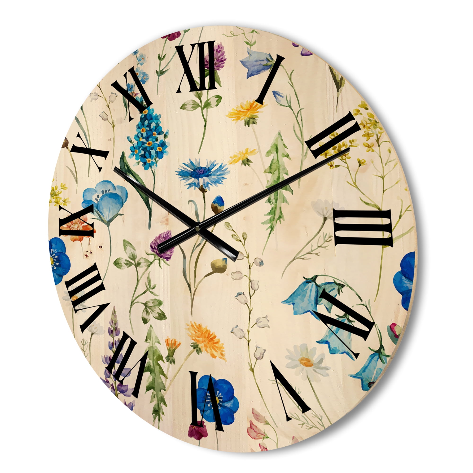 Designart 'Blue Wildflowers With Leaves I' Traditional Wood Wall Clock