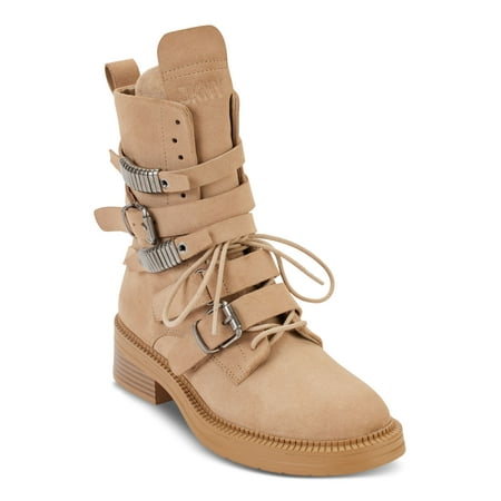 

DKNY Womens Beige Lace Logo Pull Tab 1 Platform Padded Buckle Accent Ita Round Toe Block Heel Zip-Up Suede Combat Boots 6.5 M