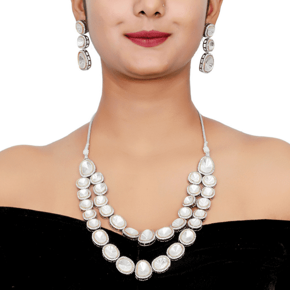 Kajaro Designs Jewels Polki silver Kundan Two Layer Necklace set with Matching Earrings for Women | Ethnic Jewelry for Engagement and Best Gift for Her