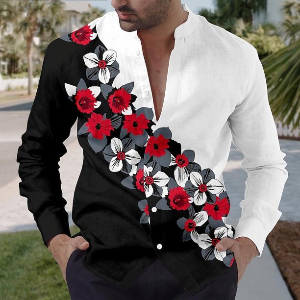 Camisas retro florales para hombre para uso diario, fines de semana, verano, primavera y otoño, camisas de manga larga con cuello alto