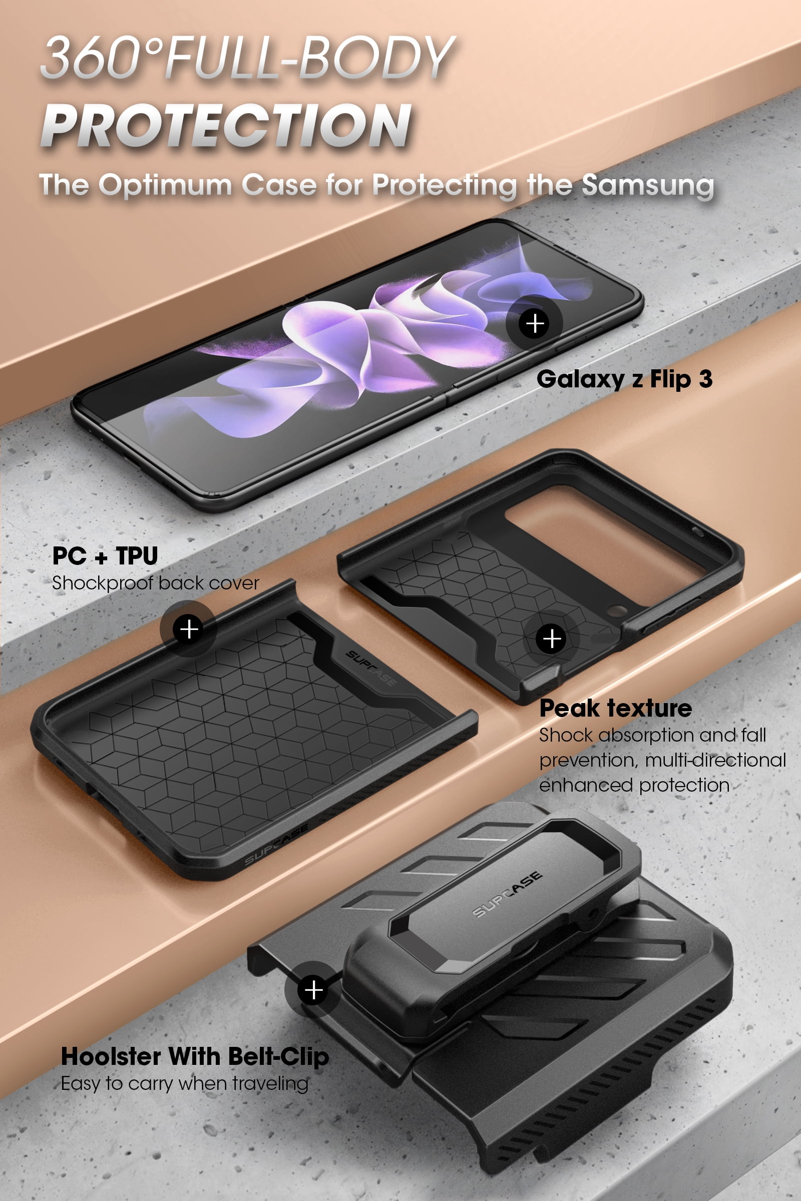SUPCASE Unicorn Beetle Pro Series Rugged Protective Phone Case for Samsung Galaxy Z Flip 3, Black