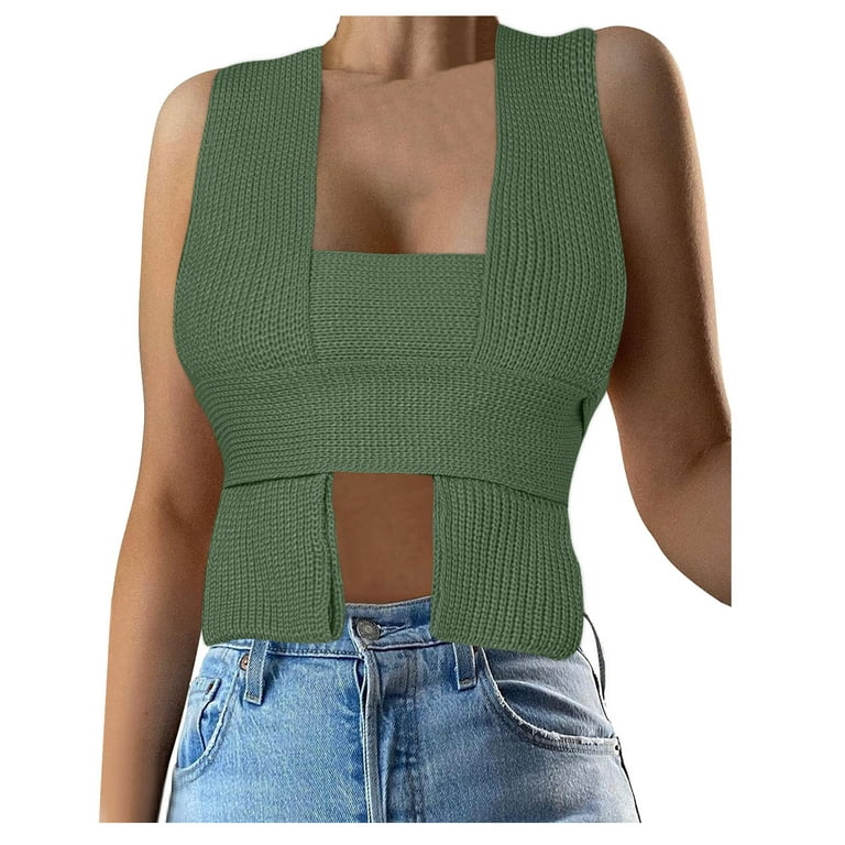 Women Casual Vest Top Shirt Women Crop Sweater Sleeveless Tie Strappy  Backless Knitted Tank Cami Vest Top 