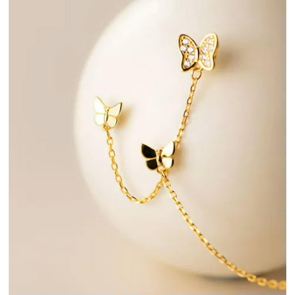 K-KED 925 Sterling Silver Double Ear Hole Cubic Zircon Butterfly Stud Earrings Chain-Silver