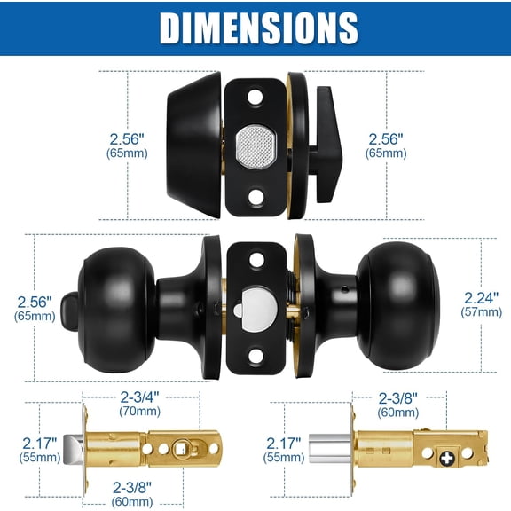 2 Sets Entry Door Knob and Single Cylinder Deadbolt Combo Set, Keyed Alike Round Ball Matte Black Exterior Door Knobs with Lock and Keys for Entrance and Front Door