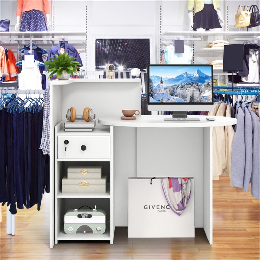 Demi Bonn Front Reception Office Desk with Open Shelf and Lockable Drawer, Small Home Computer Desk Study Writing Table, White