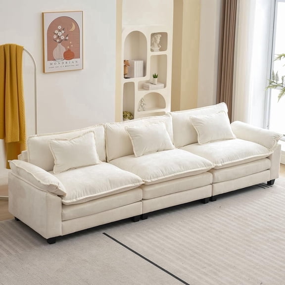 IPKIG Sectional Sofa Comfy Cloud Couch for Living Room with Pillows, Modern Chenille Sofa Sleeper Deep Couches with Ottoman (Cream White, 3-Seat-Style2)