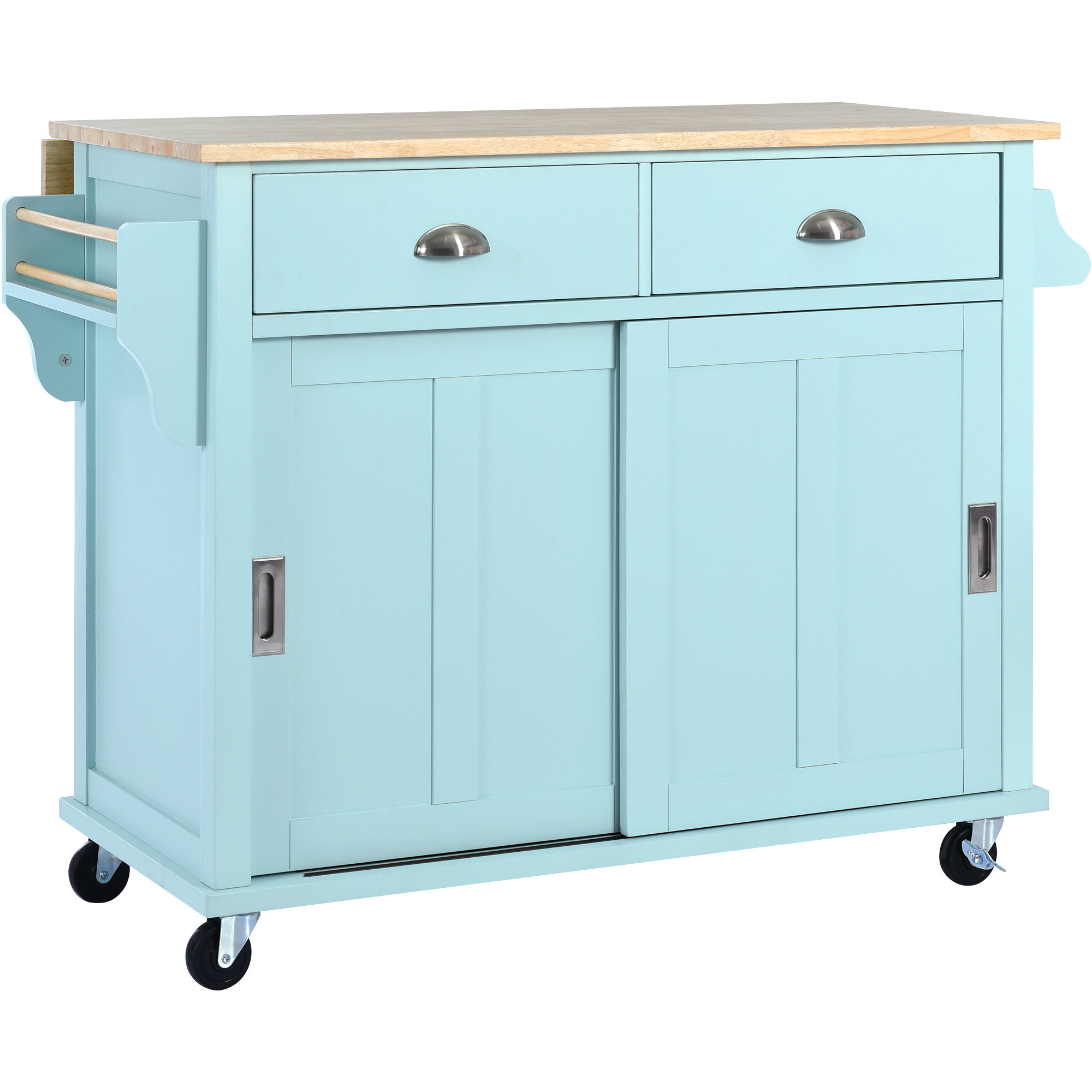 DEALTOPS 52.2 inch Kitchen Cart with Rubber Wood Drop-Leaf Countertop, Concealed Sliding Barn Door Adjustable Height, Kitchen Island on 4 Wheels with Storage Cabinet and 2 Drawers-Green