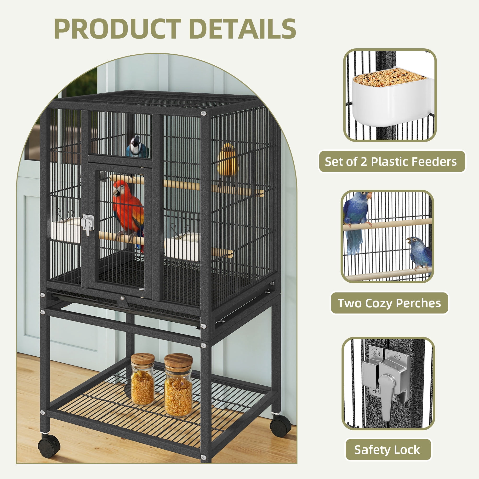 Uforic 41" Metal Bird cage  with Rolling Stand, Tray, 2 Perches and 2 Feeders, Black
