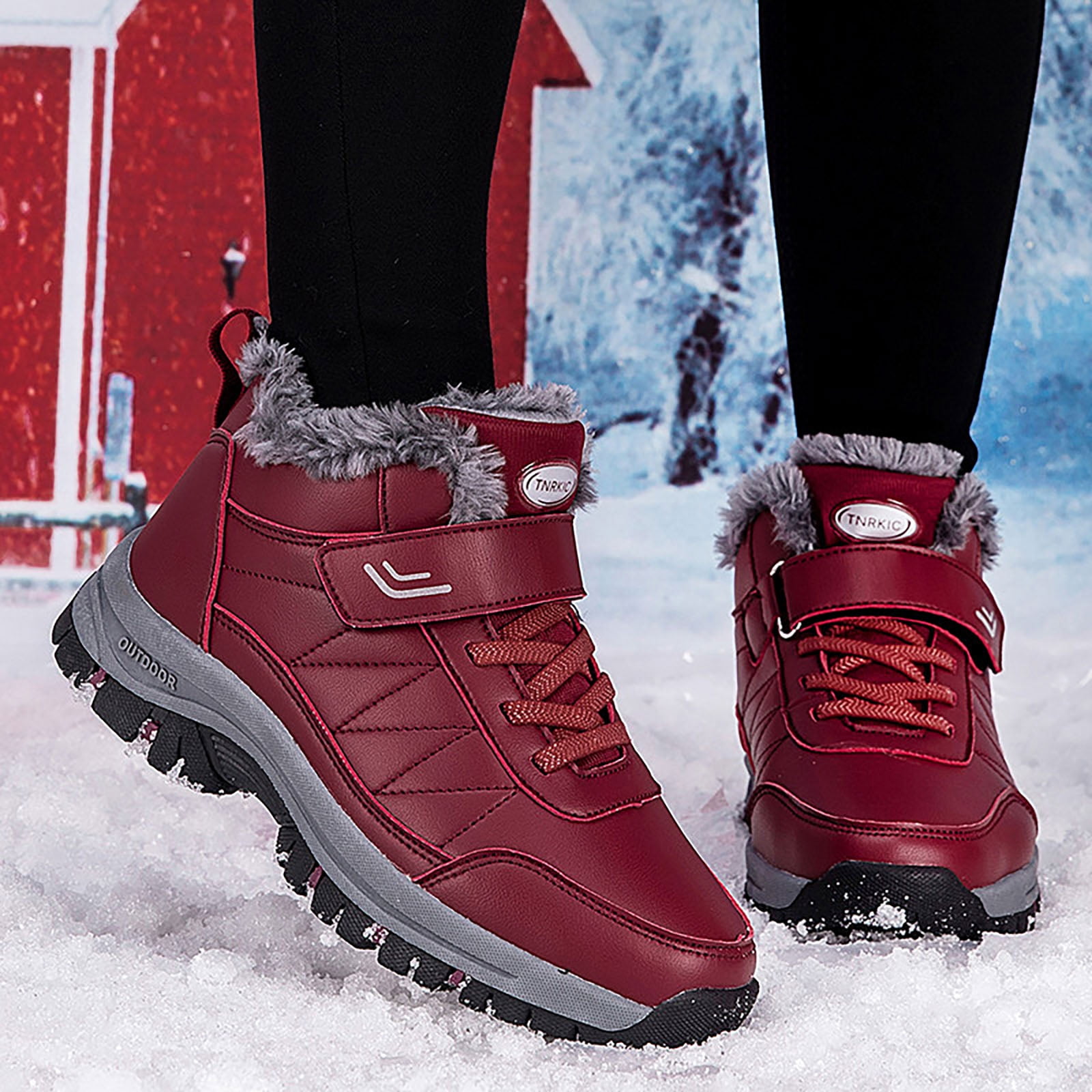 Waterproof Snow Boots for Women Outdoor AntiSlip Trekking Hiking Shoes Lace up Hook and Loop Plush Lined Winter Booties Red 10