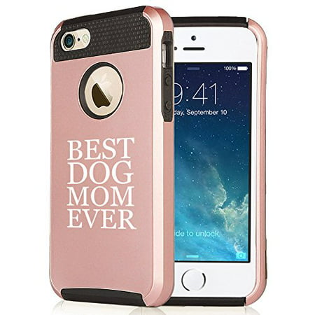 For Apple iPhone SE Rose Gold Shockproof Impact Hard Soft Case Cover Best Dog Mom Ever (Rose