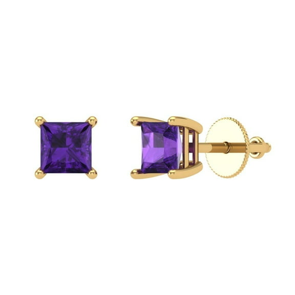 1.5 ct Screw-Back Stud Earrings for Women | 5.0mm Princess Cut Natural Amethyst | 18K Yellow Gold