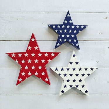 Holloyiver 3 Pcs 4th of July Table Star Signs Tiered Tray Decor, Independence Day Table Wooden Decoration, Patriotic American Flag Theme Star Standing Blocks for Memorial Day Home Office