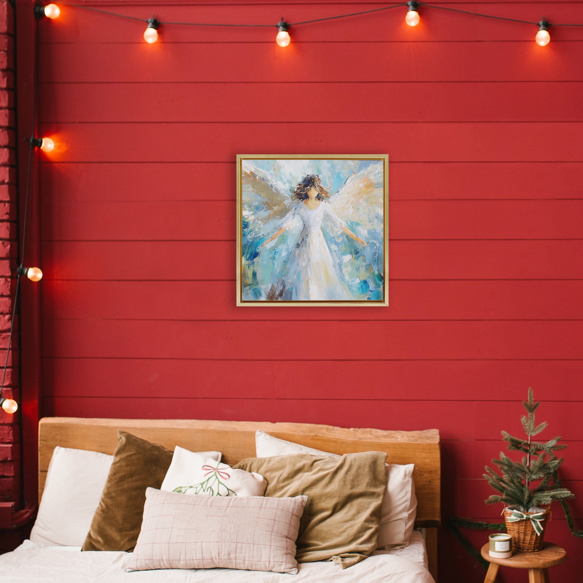 Flying Glory Angel Gold Framed Floater Canvas Wall Art, design by Petal Prints Design