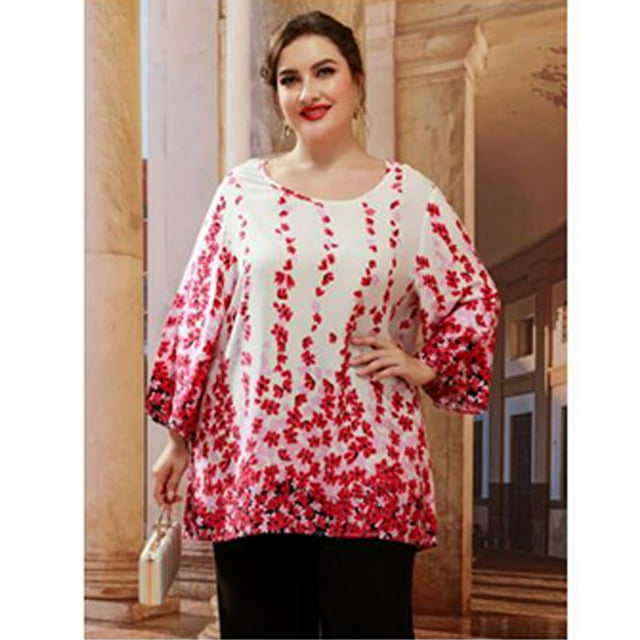 U.Vomade New Ladies Plus Size Shirts Long Sleeves Round Neck Floral Print Casual Shirts Loose Oversized Ladies Tops