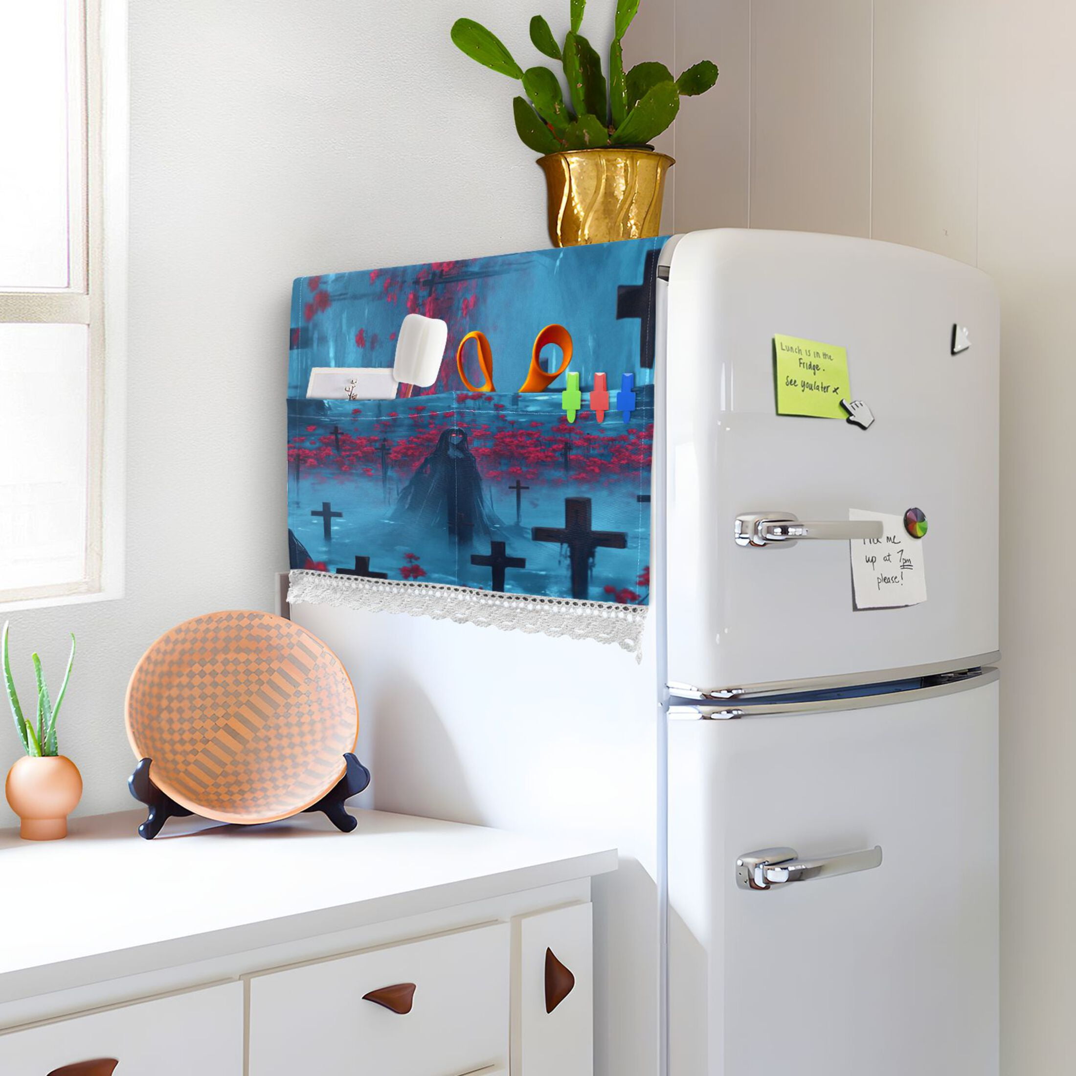 Black Haired GirlWasher and Dryer Covers Dust-Proof and Oil Resistant Fridge Cover with 4 Storage Pockets Washing Machine Top Cover for Laundry Kitchen Home 51.2 x 22 In