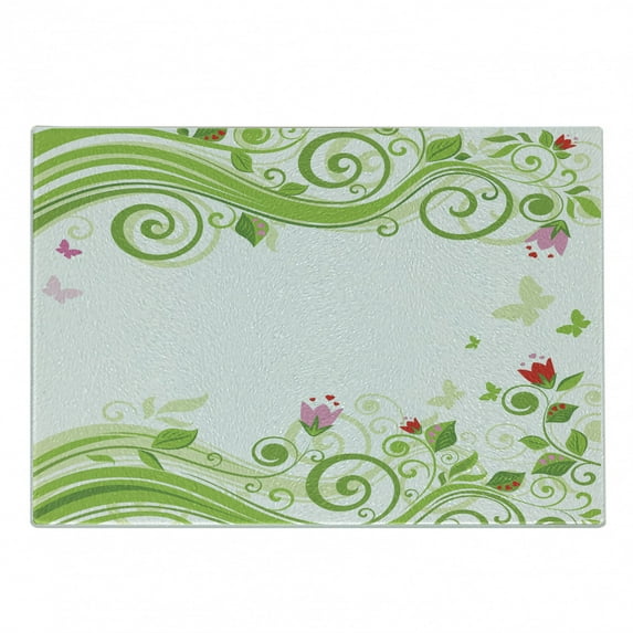 Green Flower Cutting Board, Blossoming Abstract Elements Swirls Springtime Foliage Illustration, Decorative Tempered Glass Cutting and Serving Board, Small Size, Lime Green Pink Red, by Ambesonne