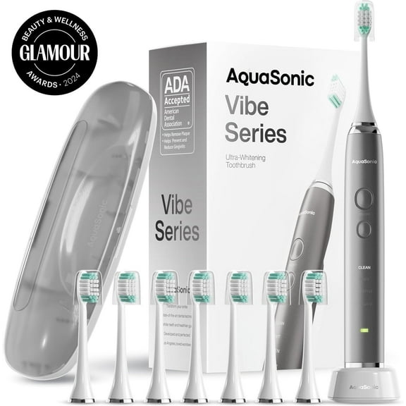 AquaSonic Vibe Electric Toothbrush Set - ADA Accepted, Rechargeable, 4 Modes, Travel Case, 8 Brush Heads - Charcoal Metallic Silver