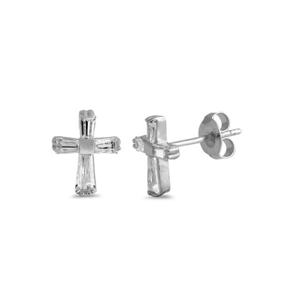 Christian Cross Stud CZ Earrings, Sterling Silver 925 with Gift Box