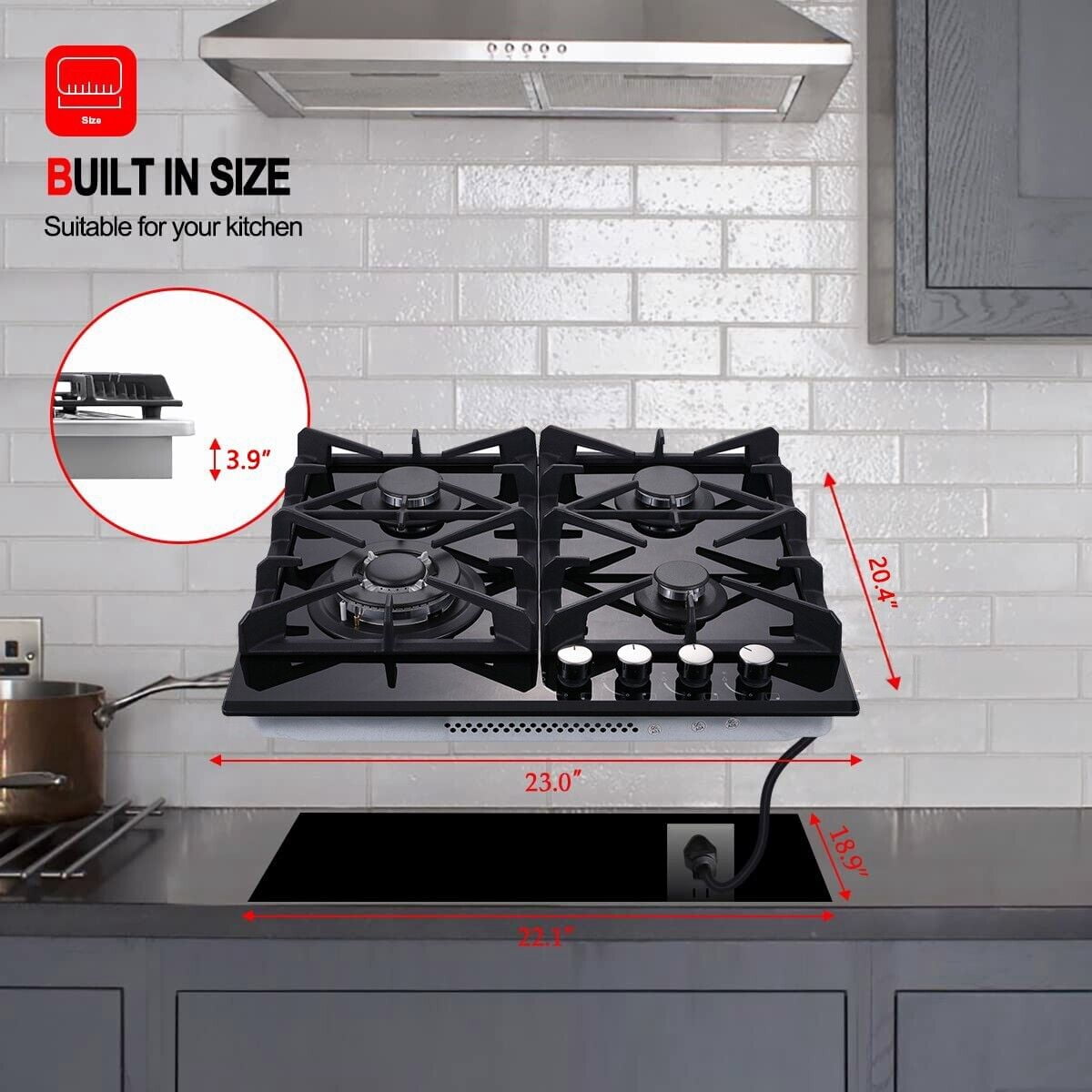 4-Burners Gas Cooktop 24 inch Stainless Steel Tempered Glass NG/LPG Convertible