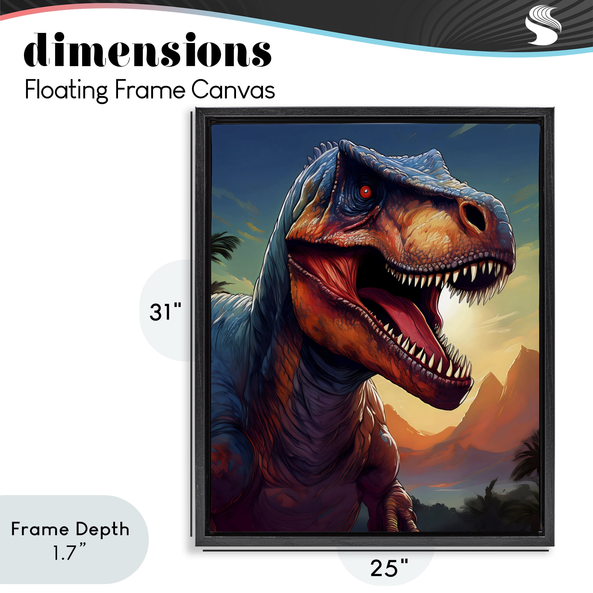 Stupell Industries Dinosaur with Sunset Landscape Black Framed Floater Canvas Wall Art, design by Creative Studio