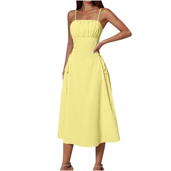 Bixock Maxi Dress for Women,Dress for Women Sleeveless Square Neck Solid Color Belted Tank Dress