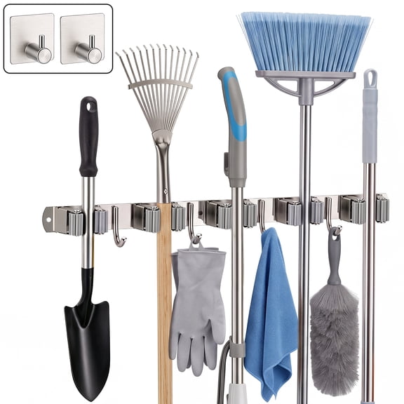 Spoito Broom & Mop Holder Wall Mount, Stainless Steel Organizer with 5 Slots & 4 Hooks,12 Pack Includes Self-Adhesive Hooks,Strips & Screws for Garage