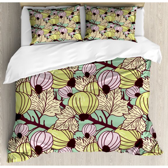 Fruit Duvet Cover Set Queen Size, Illustration of Currant Berries and Leafs on Branch in Retro Color Organic Art, Decorative 3 Piece Bedding Set with 2 Pillow Shams, Multicolor, by Ambesonne