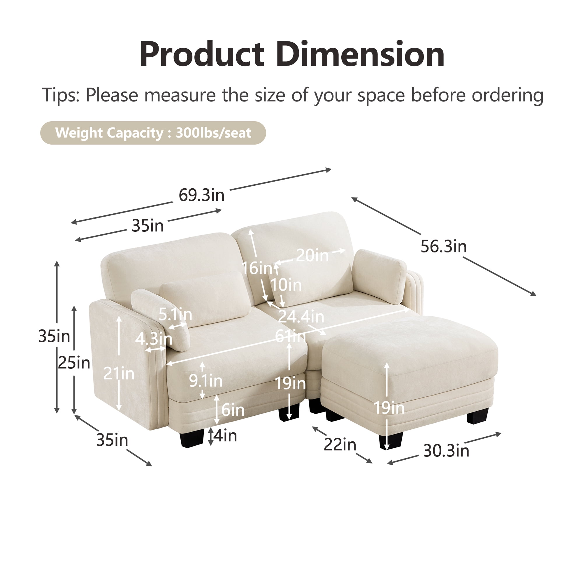 70" Modern Modular 2 Seater Loveseat Sofa Couch with 1 Ottoman and 4 Pillows