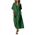 thumbnail image 2 of Horkkom Linen Dress Women Solid Color Crew Neck Short Sleeve Maxi Dresses Casual Flowy T Shirt Dress, S-2XL, 2 of 9