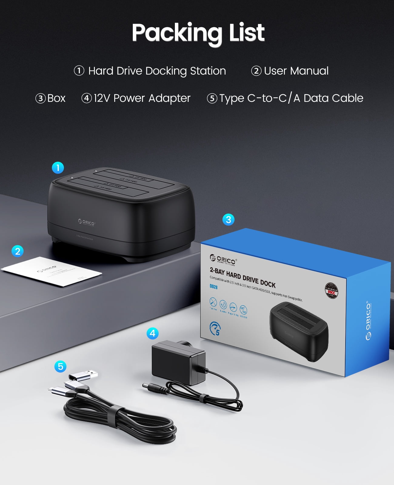 ORICO Hard Drive Docking Station with Offline Clone USB 3.2 Gen 1 to SATA Hard Drive Dock Dual Bay for 2.5&3.5 Inch SSD HDD Up to 40 TB with 12V Power Supply, Tool-Free and UASP Supported